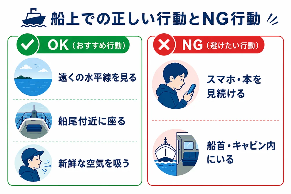 船上の姿勢と視線 — 水平線を見て船尾に立つ